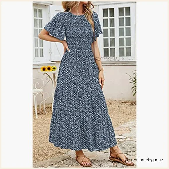 Flutter Sleeve Smocked Maxi Dress Tiered Floral Boho Summer Casual - Picture 6 of 7